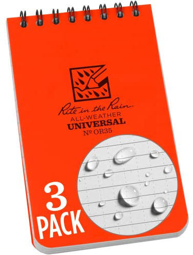 Rite in the Rain OR35-3X Notizbuch mit Spiralbindung, wetterfest, 7,6 x 12,7 cm, orangefarbener Einband, Universal-Muster, 3 Stück