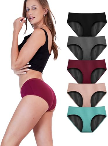 TIICHOO Periodenunterschwäsche Starke Blutung Damen Weiche Menstruationsunterwäsche 5er Pack(XL,Schwarz/Burgund/Grau/Roségold/Türkisgrün)