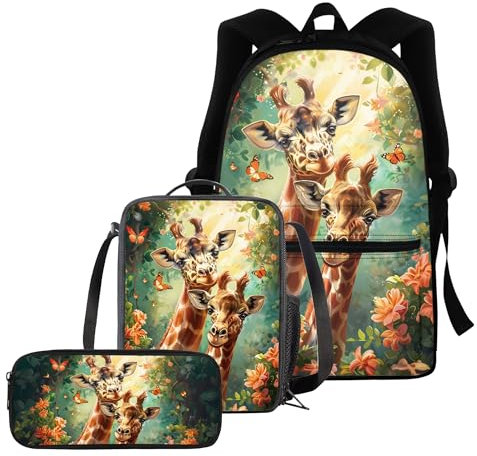 chaqlin Schultaschen-Set für Jungen und Mädchen, 3-teiliges Set mit Thermo-Lunchbox und Federmäppchen, Niedliche Giraffe, Kinderrucksack