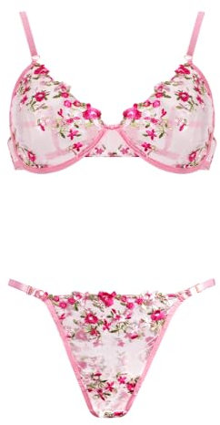 Satohom Women's Sexy Lingerie Sets 2 Piece Sheer Floral Bra and Panty Set Push Up Bra and knickers Sets See Through Babydoll Teddy Mesh Thong Outfit Underwear Sleepwear for Wedding Travel Pink