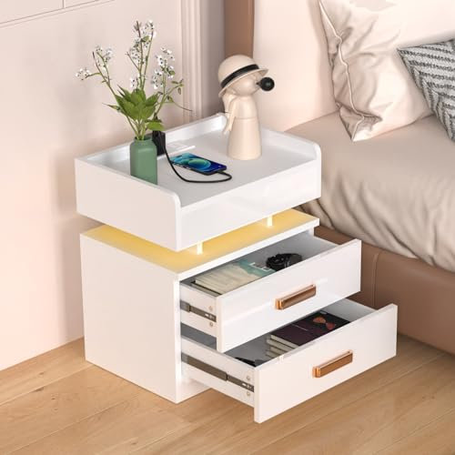 Lvhcmfohm Nachttisch Hochglanz mit Steckdose, Nachtschrank mit ladefunktion und 2 Schubladen, Nachtkommode für Wohnzimmer, Schlafzimmer (45x35x52.5cm, Weiß)