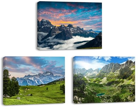Piy Painting Natur Leinwand Bilder, 3Stück Berge Bilder, Bergkette Landschaft Wandbilder 40x30cm, Kunstdrucke Bild auf Leinwand für Küche Büro Wohnzimmer, Geburtstagsgeschenk, Eingebauter Holzrahmen