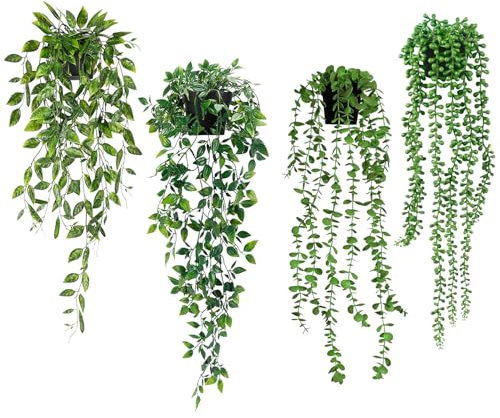 VCANIVR 4 Stück Hängepflanzen mit Töpfen, Künstliche Pflanzen Hängend, Kunstpflanze Eukalyptus Blätter im Topf, kunstpflanzen wie echt, Hängepflanzen Topfpflanze Künstlich für Hausgarten Dekor