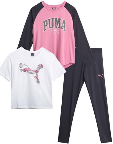 PUMA Mädchen-Leggings-Set – 3-teiliges athletischer Pullover, Langarmshirt, Oberteil und Leggings, Activewear-Set für Mädchen (S-L), Rosa/Anthrazit, Small