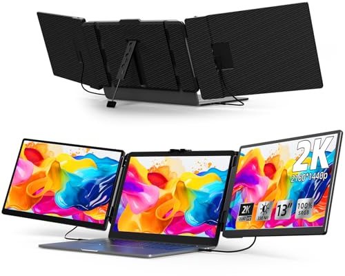 KOJOM 13 2K IPS 1440P Triple Screen Laptop Monitor Extender - Plug & Play, Multi Screen Attachment for 13-17 Laptops, Compatible with Windows, Mac, Chrome & Switch