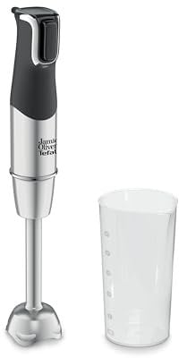 Jamie Oliver by Tefal Stabmixer, Edelstahlklingen, 1200 Watt, Mixerfuß spülmaschinengeeignet, Multi-Speed Trigger, Spritzschutz, inkl. 800 ml Becher, Schwarz/Edelstahl, HB95JD10