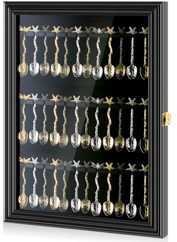 Silipull Spoon Display Case Wall Mount,Black Finish,36 Souvenir Spoon | Wood Cabinet with UV Acrylic Door, Lockable Storage Rack for Teaspoon Collection, Wall Mounted Holder Protects Souvenir