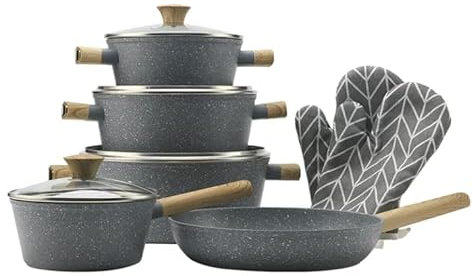 Royal Swiss Pan Set de Poeles Forged - 11 Pieces - avec Couvercles en verre - Tous Feux - Revetement Antiadhesif - sans PFAS - Convient pour Induction - avec Gants de Cuisine - Gris