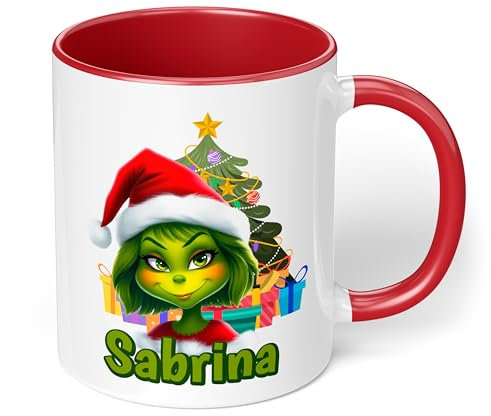 Geschenk zu Weihnachten: Tasse „Weihnachtgrinch-Frau“ personalisiert mit Namen - Adventszeit, Keramik, ca. 330ml, Rot