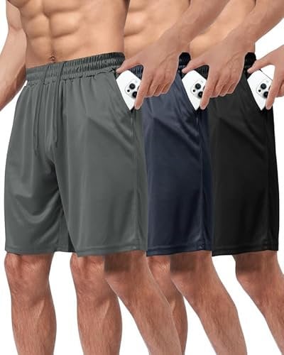 BOOJO 3er Pack Sporthose Herren Kurz Hosen mit Taschen Sport Shorts Schnell Trocknend Trainingshose für Gym Fitness(Schwarz/Dunkelgrau/Dunkelblau,M)