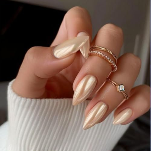 Chrome Glitter False Nails Almond, SXVME Chrome Press On Nails Medium, Glazed Gel Fake Nails Press on, Cute Glitter Acrylic Nails Medium, Natural Stick on Nails for Women Daily Wear, Champagne