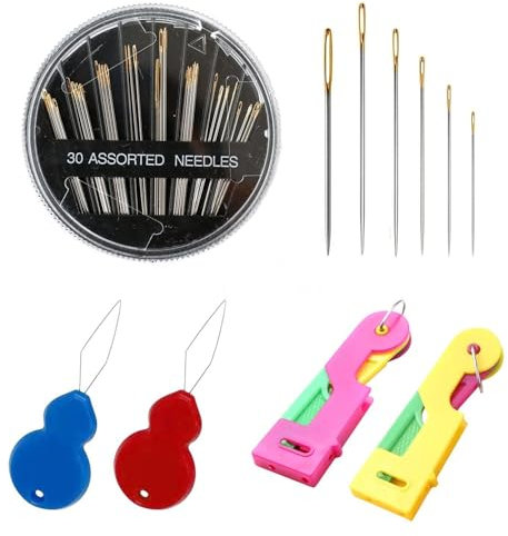 SLEEKEE 30 Aghi per Cucire A Mano, 4 Infila-Ago, Aghi da Cucito con Scatola, Aghi da Ricamo di Diverse Dimensioni, Set di Aghi da Cucito per La Casa
