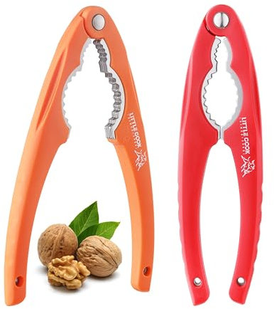 2PCS NutCracker, Little Cook Stainless Steel Nut Crackers for All Nuts, Nutcracker Tool for Walnet, Chestnut, Chestnut, Crab, Lobster and More, Ergonomic Plastic Handle (Bull Pattern, Orange + Red)