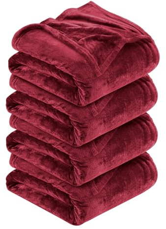 MOONLIGHT20015 4 Pack Fleece Blanket Throws for Sofas - 400 GSM Blankets Sofa Bed Throw Breathable, Cuddly, Fluffy & Warm Burgundy, King (230 x 270 CM)