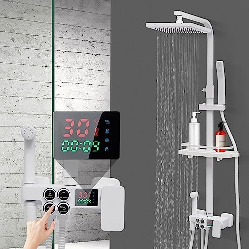 Duschsystem mit Thermostat, Wandmontage Duscharmatur Komplettset 20CM Regendusche Duschkopf 4 Steckdosen, 3 Strahlarten Duschkopf, 70-115cm Höhenverstellbar Duschset mit Handbrause Weiß