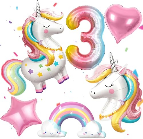 PtyPop Einhorn Deko Kindergeburtstag Mädchen 1 2 3 4 5 6 Jahre, Einhorn Luftballon Stehend Folienballon Regenbogen Herzluftballons, Einhorn Kindergeburtstag Decorations Party Deko (3Jahre)