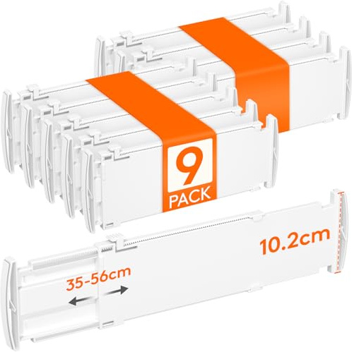 Lifewit 9er Schubladentrenner Verstellbar für Innenlänge 35–56cm&Höhe>10cm | Kunststoff Schubladen Organizer Ordnungssystem für Küche Kleiderschrank Schreibtisch Kommode Büro, Flexibel, Rutschfest, Weiß