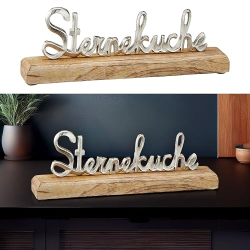 Cepewa Schriftzug 'Sterneküche' Silber | 30,5x10,5x5cm Mangoholz Aluminium | Dekoaufsteller Tischdeko Aufsteller (1 x Schriftzug 'Sterneküche' Silber 30,5x10,5x5cm)