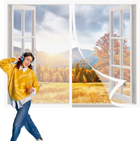Zanzariera per Finestra Roulotte 97 x 144 cm Auto Chiusura Magneti Rete Rete Anti Zanzare con Accessori di Montaggio per Porte Finestre Balcone Soggiorno, Bianco