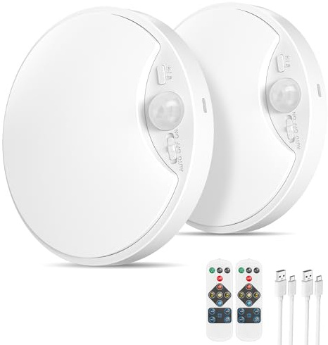 Demkia 2 Stück Akku Deckenleuchte Aufladbar mit Bewegungsmelder, 10000mAh LED Batterie Deckenlampe Innen USB Kabellose Licht mit Fernbedienung Rund 3 Farben Dimmbar für Badezimmer Keller Flur Garage