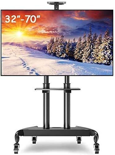 Rollbarer TV-Wagenständer mit drehbarem Bildschirm und Ablagefach, verstellbares, freistehendes TV-Regal für 81,3 - 177,8 cm (32 - 70 Zoll) Fernseher, perfekt für Klassenzimmer und Büros, voll