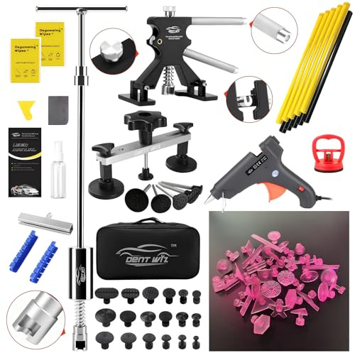 DentWiz Dent Puller Kit - Paintless Dent Removal Tool with 100W Hot Glue Gun 10 Glue Sticks and 2-in-1 Slide Hammer T-Bar - for Car Body Repair Hail Damage Door Dings and Small Suction Cup
