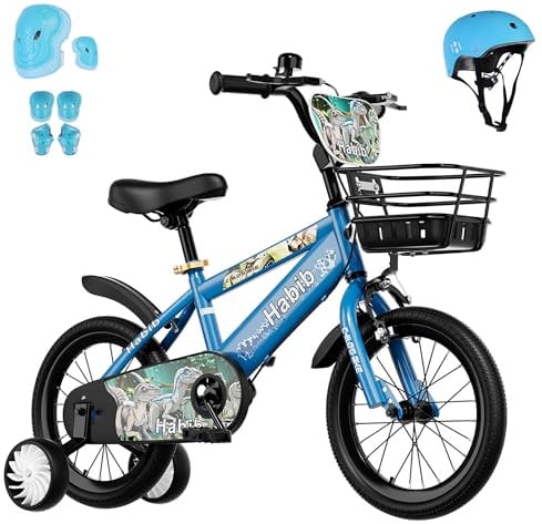 Habib Jungenfahrrad Dino-Edition 12 Zoll | Komplettset mit Schutz-Set, Korb & Pumpe | Kinderfahrrad mit Stützrädern & Handbremse für Jungen ab 3 Jahre - (Blau)