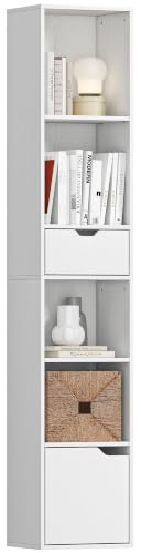 HOMCOM Bücherregal Schmal mit 6 Ebenen, Schublade, 30 x 24 x 158cm, Weiß | Verstellbare Ablage, Schranktür, Standregal, Dekoregal, Aufbewahrungsregal, Wohnzimmer, Homeoffice, Schlafzimmer