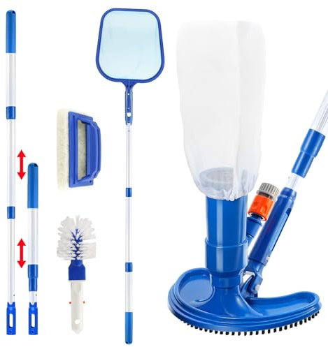 Pool Reinigungsset, Tragbarer Jet Vacuum Head Pool Staubsauger, Pool Maintenance Kit mit Verstellbarer Teleskopstange, Scheuerbürste und Skimmernetz für Schwimmbadreinigung Blätter Schmutz Sand Schlam
