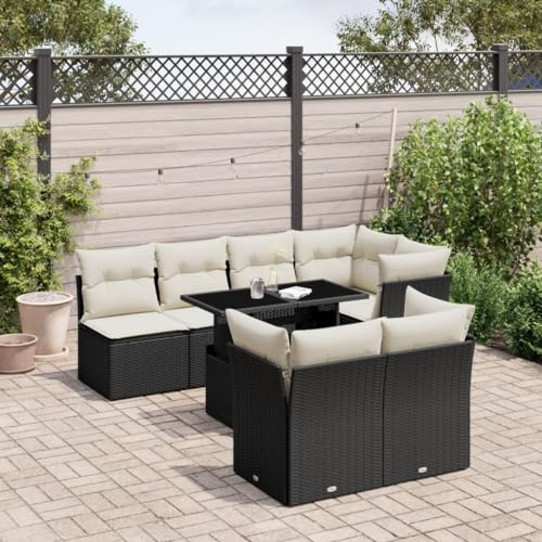 Owoxanthellate 8-Teil Rattan Garten-Sofa-Set, klappbare Glasplatte, cremefarbene Kissen, wetterfest, modular, Terrasse/Balkon