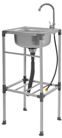 Lavabo independiente, fregadero móvil de acero inoxidable con grifo, fregadero de camping de 38 x 33 cm, fregadero de agua fría con tubo de drenaje, fregadero independiente para cocina, exterior