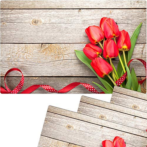 Tischsets 4er als abwaschbare Frühling und Ostern Tischdeko - Platzsets Rote Tulpen Blumen als Tischuntersetzer in 43 cm - Platzdeckchen als Tischunterlage für Esstisch Wohnzimmer Tisch