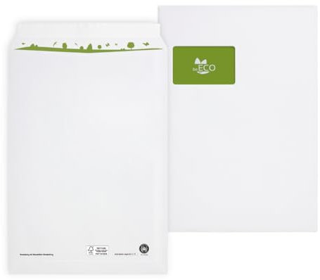 beECO Versandtaschen C4 (250 Stück), haftklebende Versandtasche mit Fenster, Versandtaschen A4 aus 100 % Recycling Papier, geeignet für DIN A4 Papier, weiß, 324 x 229 mm, 100g/m²