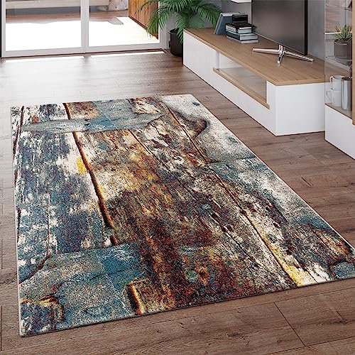 Paco Home Designer Teppich Bunte Holz Optik Hoch Tief Optik In Türkis Gelb Blau Meliert, Grösse:200x290 cm