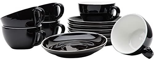 Gastro Spirit - 12-teiliges Cappuccino-Tassen Set - Schwarz, 200 ml, Porzellan, dickwandig, spülmaschinenfest, italienisches Design - 6er Kaffee-Tassen Set mit Untertassen