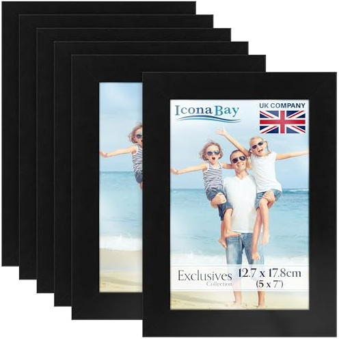 Icona Bay - 7x5 Picture Frames - Black, 6 Pack - Sturdy Engineered Wood Photo Frames 7 x 5 - Sleek Design, Table Top or Wall Mount - Exclusives Collection