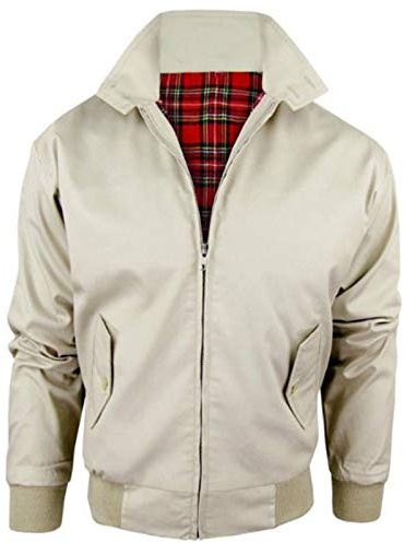 Stylo Online Mens Vintage Harrington Jacket Adults Unisex Boys Ladies Womens Classic Retro Scooter 1970's Bomber Mod Skin Tartan Lining Coat Top Size XS-5XL -Beige 4XL