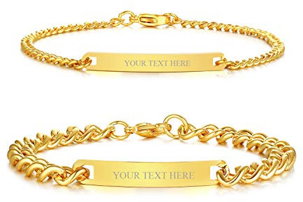 XUANPAI Personalised Engraving Couple Bracelets, Stainless Steel Cuban Link Bracelet Couple Matching Bracelets Anniversary Valentine's Lover Gift for Men Women (Gold-for couple)