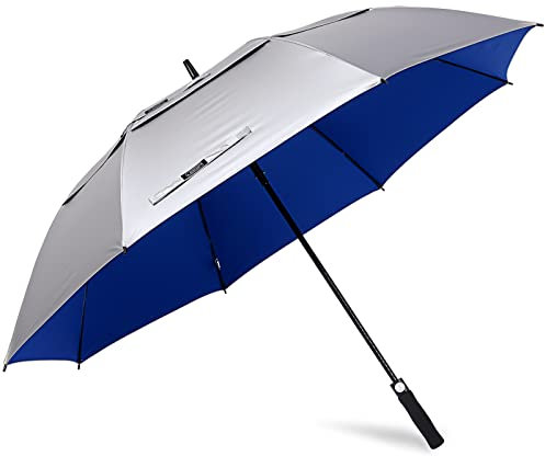G4Free - Paraguas de golf de 173 cm, protección UV, apertura automática, extragrande, resistente al viento, paraguas de lluvia y sol, doble toldo, plateado/azul