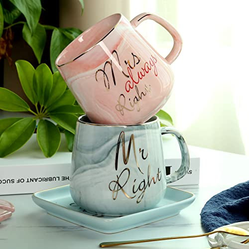 Mr Right Mrs Always Right - Juego de tazas de café para parejas, regalos de boda, despedida de soltera, aniversario, compromiso, para novios, recién casados, parejas casadas, juego de tazas de mármol