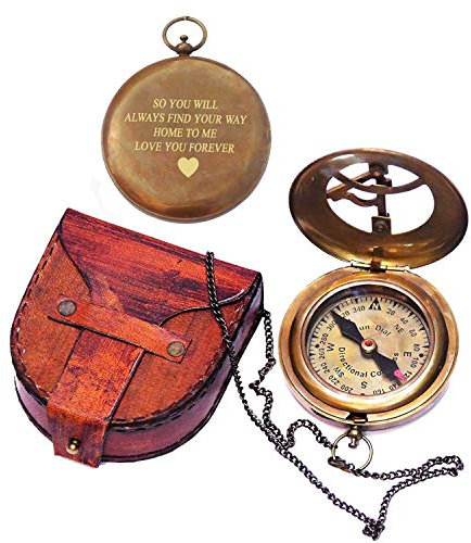 Sonnenuhr-Kompass mit Gravur Love You Forever, mit Lederetui, inspirierendes Geschenk für Reisende, Abenteurer, Bräutigam, Taufe, Hochzeit oder ihn, Vintage-Messing-Navigationskompass