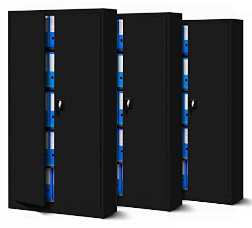 Jan Nowak 3er Set Aktenschrank C001 Metallschrank Stahlschrank Werkzeugschrank Büroschrank Lagerschrank Universalschrank Pulverbeschichtung Flügeltüren 185 cm x 90 cm x 40 cm (schwarz/schwarz)