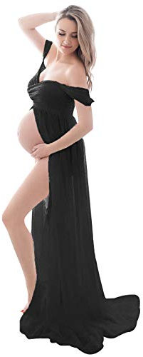 FEOYA Robes Enceintes Maternité Photographie Robe Sexy Longue Jupe en Mousseline de Soie Fente Avant pour Souvenirs Photographie Noir S