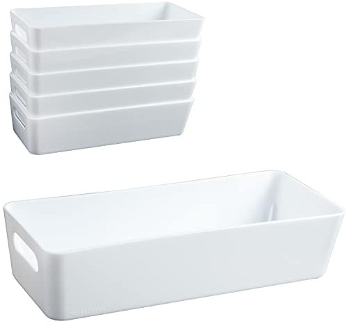 6x Ordnungsboxen - 6 cm hoch - WEIß - 25x10x6cm - 1 Liter - Ordnungskorb - Schubladenorganizer Schublade - Organizerbox - Ordnungssystem Kunststoff - Aufbewahrung Bad Korb Schrank Schreibtisch Kiste