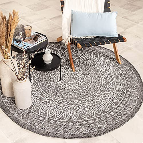 FRAAI | Home & Living In- & Outdoor Teppich Rund - Summer Azteca Grau - Wetterfest - Polypropylen - Flachgewebe - Balkon, Garten/Terrasse - Terrasse - Rug