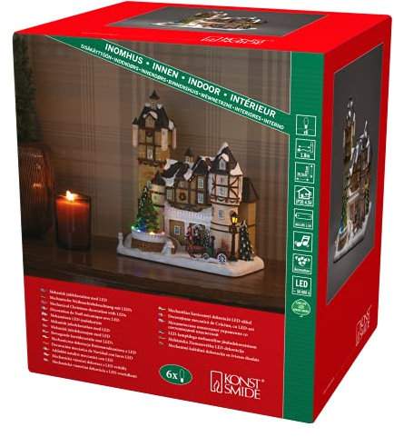 Konstsmide LED Fiberoptikhaus mit Burgszene und Weihnachtsbaum, mit Musik, 6 Bunte Dioden, 4, 5V Innentrafo/batteriebetrieben, Innen, 0,3W, schwarzes Kabel, Batterie: 3 x AA 1, 5V (exkl.) - 4232-000