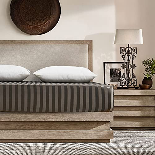 Damier Satin Spannbettlaken 200x200cm Grau Seide Glänzend Bettlaken Hochwertiges Satin Streifen Spannbetttuch, geeignet für Matratzen bis 30cm