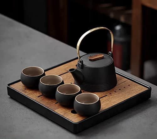 TRENDVEI Juego de té japonés de cerámica gruesa, tetera china con asa de bucle de kungfu con infusor, 4 tazas y 1 bandeja de té