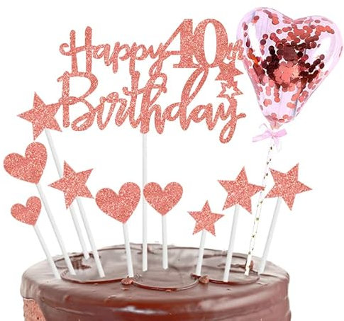 11pcs Rose Gold Happy 40th Birthday Cake Toppers,Personalised Cake Topper for Man&Woman,40th Birthday Cake Decorations Glitter Cupcake Toppers Cake Toppers Kits 5 Star 4 Heart with Balloon