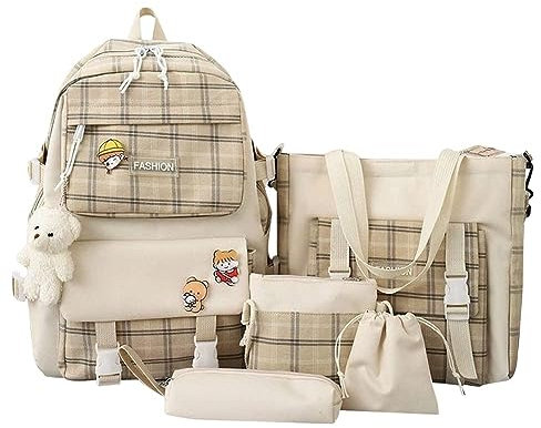 DKIIL NOIYB 5Pcs Set Kawaii Aesthetic Backpack for Girls, Cute Sage Green Plaid Backpack Light Academia School Bookbag Lattice Laptop Bag Back to School Backpack